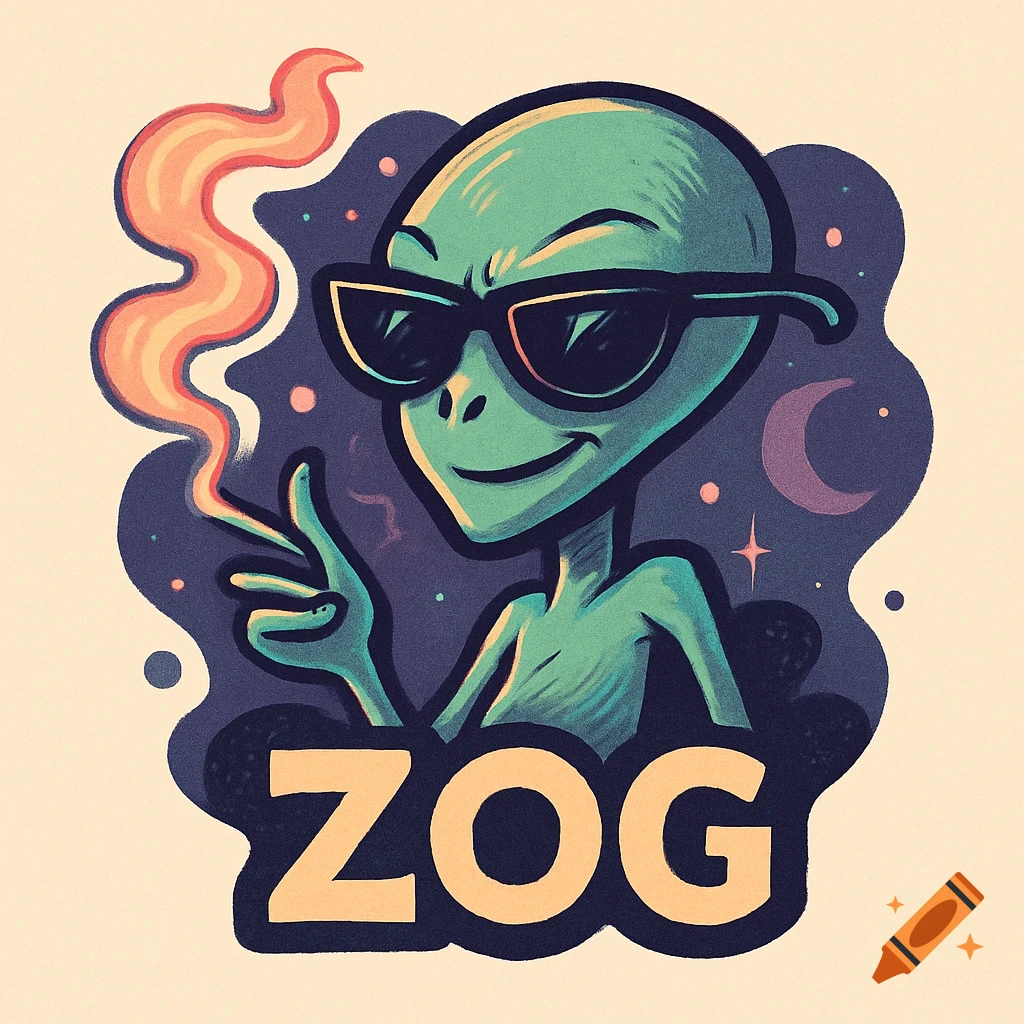 A cartoon alien wearing sunglasses, smoking, with the word ZOG below it, in a logo style.
