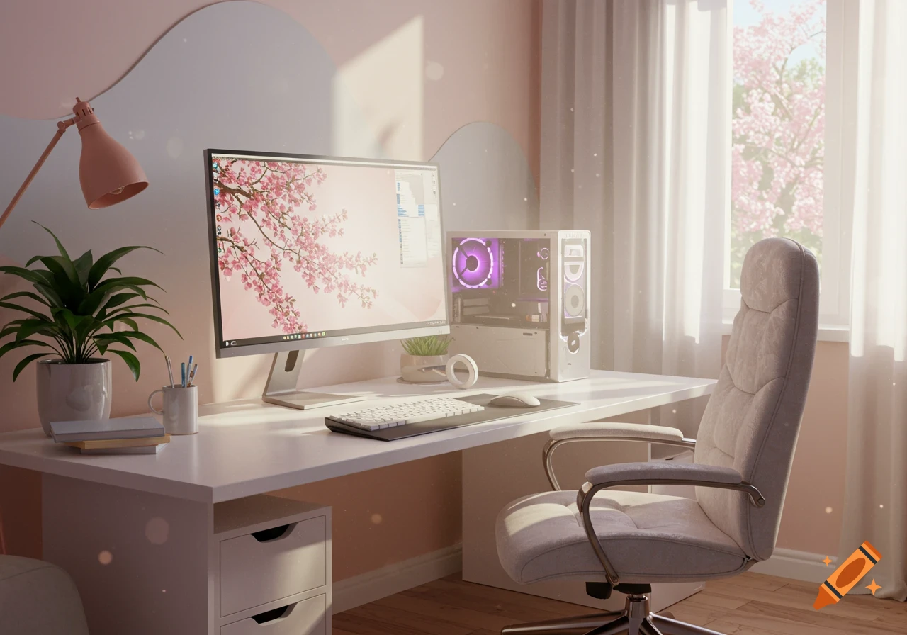 A bright and peaceful home office features a white desk with a computer, monitor displaying pink blossoms, a pink lamp, and a light gray office chair, bathed in sunlight from a window with sheer curtains.