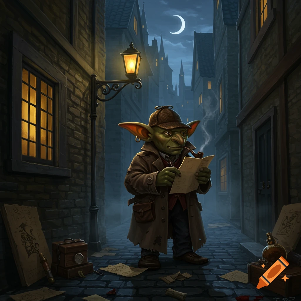 A green-skinned goblin detective in a trench coat and deerstalker hat, holding a pipe and examining papers in a dimly lit medieval alley.
