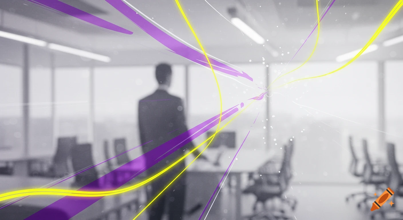 Abstract, futuristic business office with a silhouetted figure and vibrant purple and yellow lines.