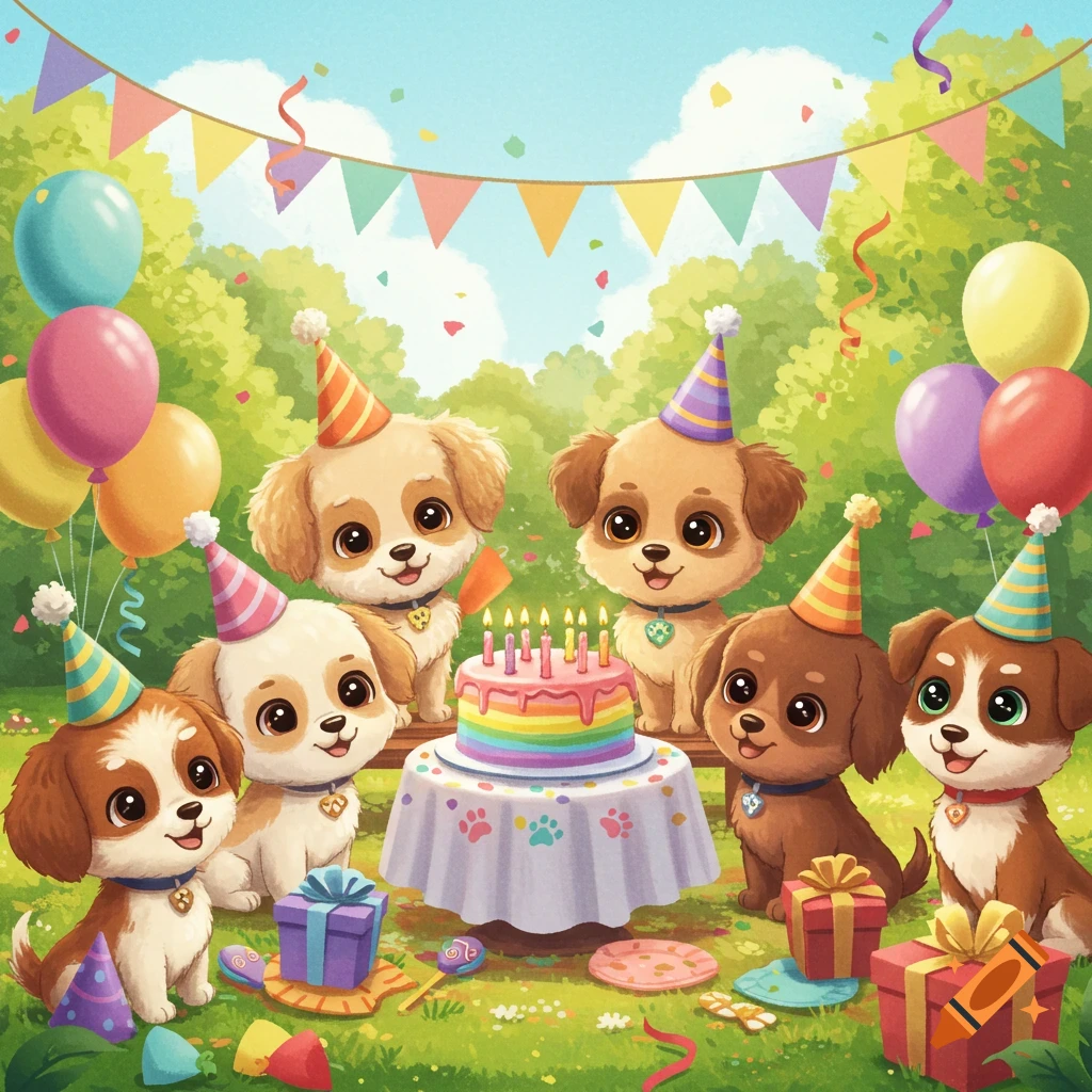 Six cute cartoon puppies in party hats celebrate a birthday with a rainbow cake, balloons, and presents in a park.