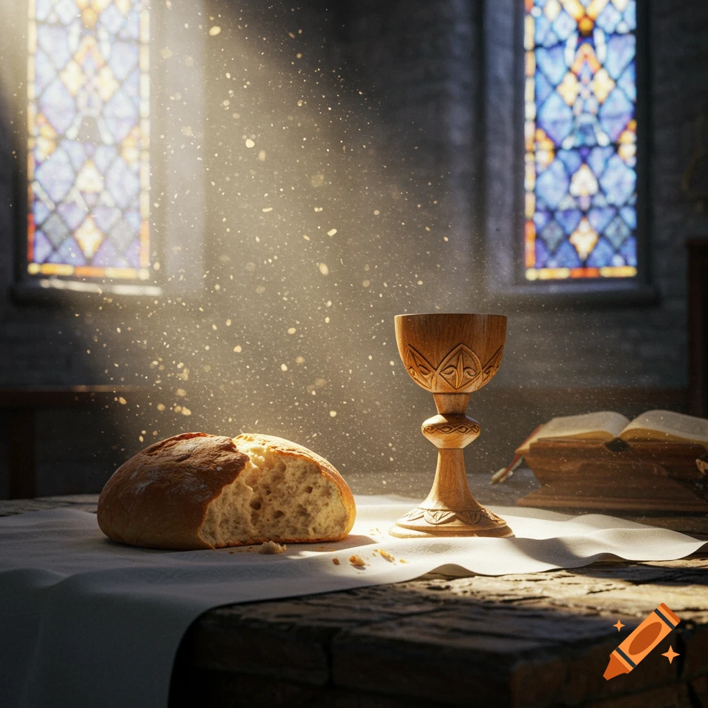 A loaf of bread and a wooden chalice sit on a white cloth, bathed in light rays from stained glass church windows, with an open bible in the background.