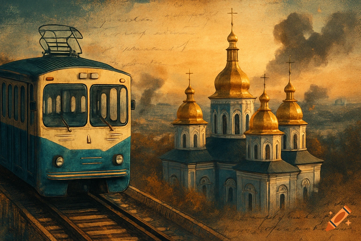 A stylized painting of a blue and yellow tram on tracks next to a golden-domed church, with a hazy background.