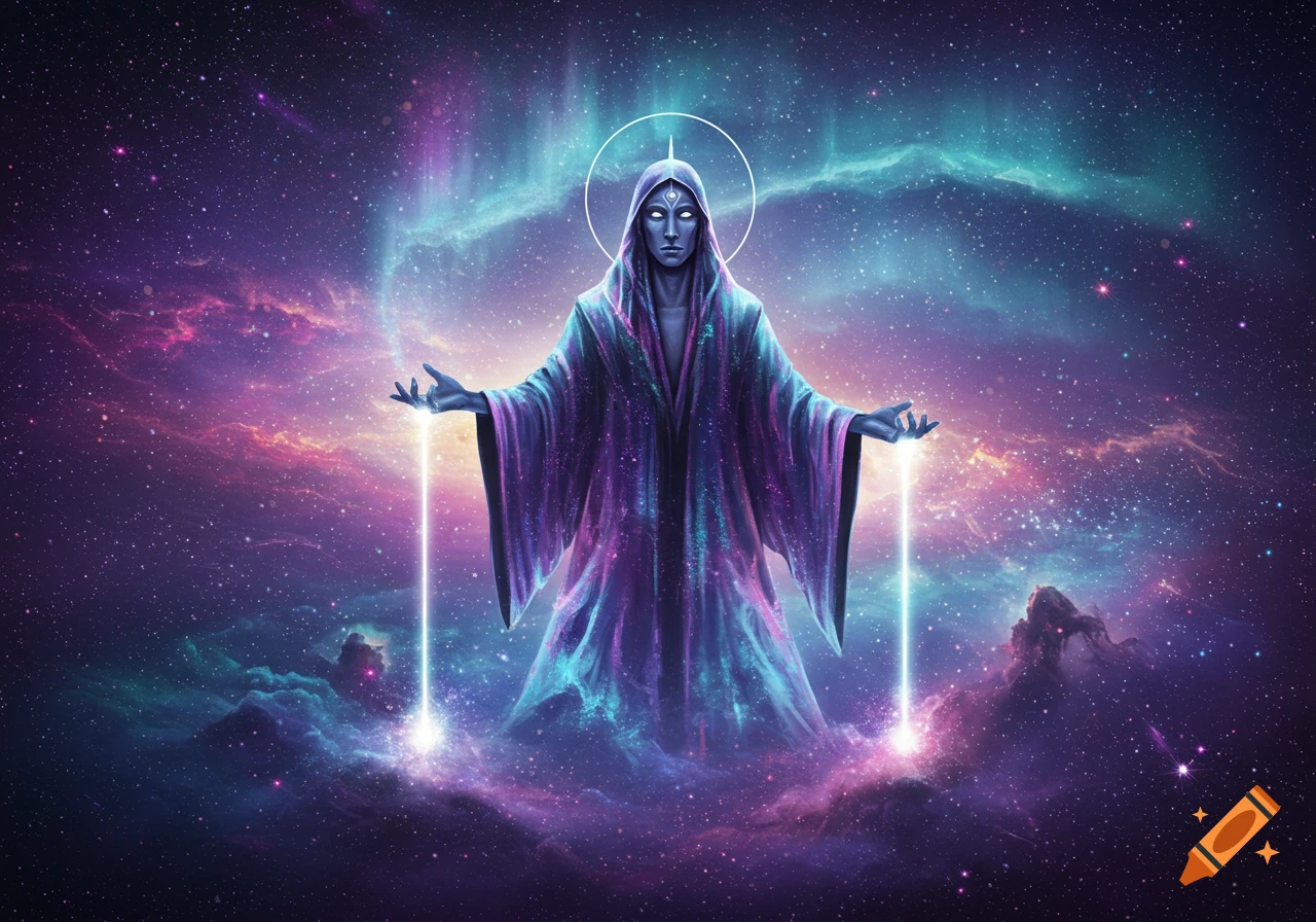 A robed figure with glowing eyes and a halo stands in a vibrant purple and teal galaxy, with light beams from hands.