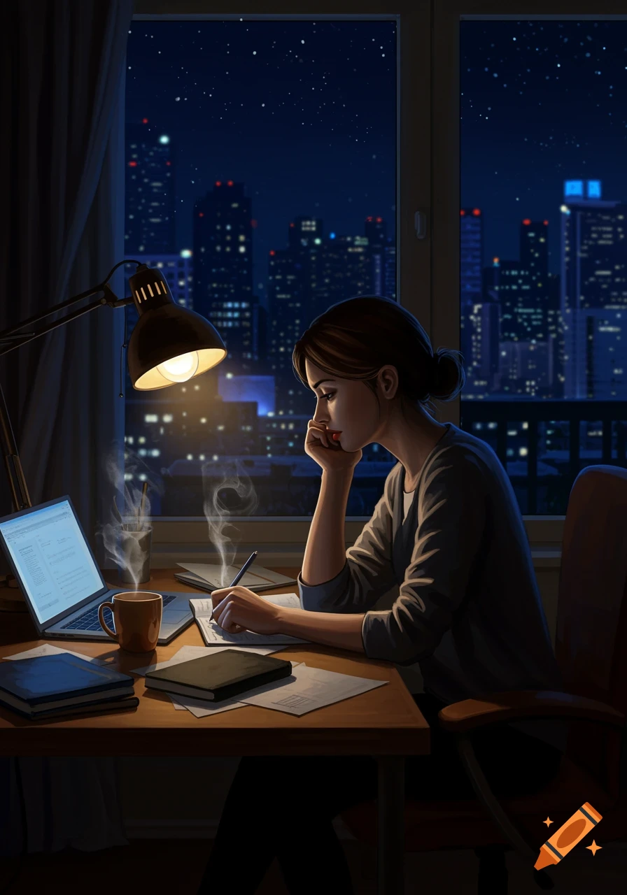 A woman works at a desk under a lamp, writing in a notebook, with a laptop and steaming mug, overlooking a city skyline at night.