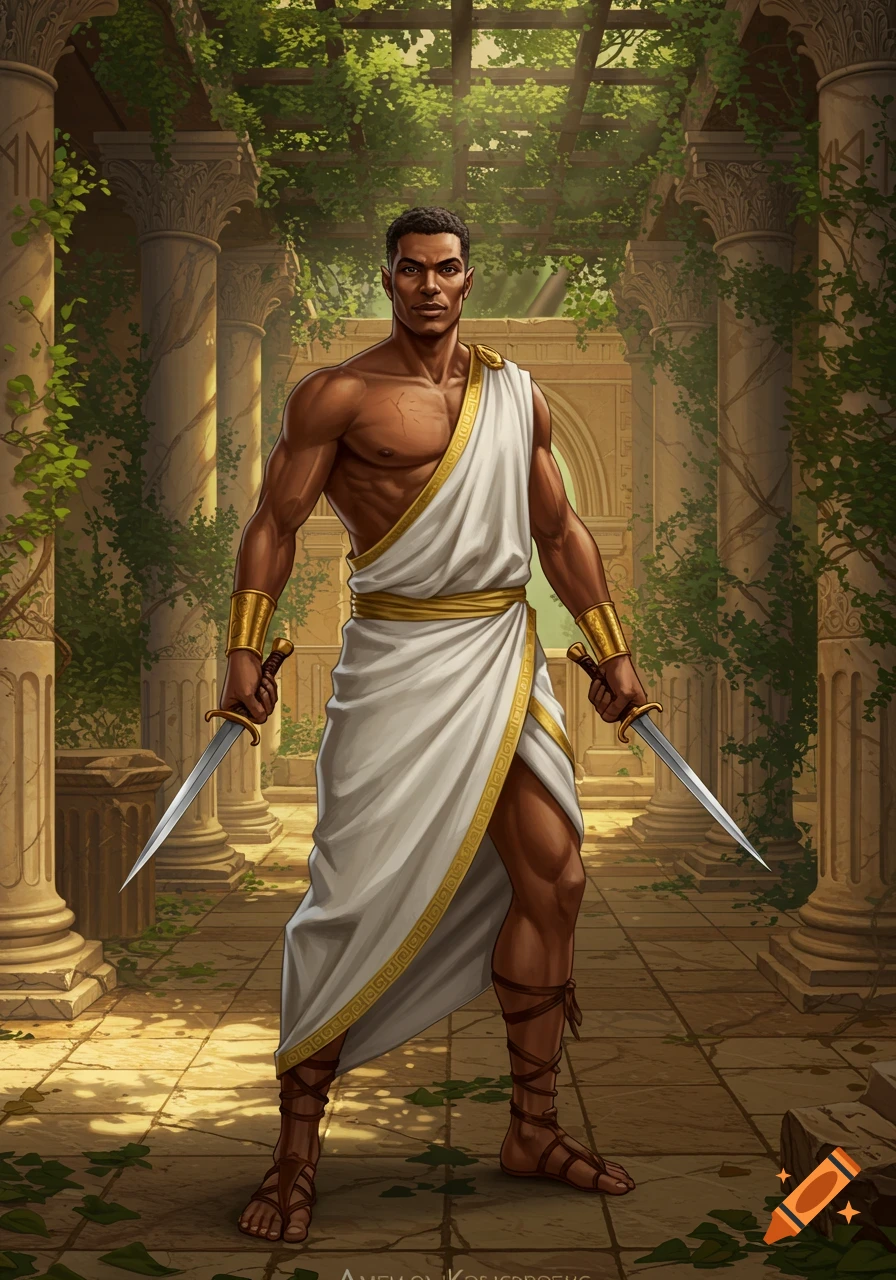 Muscular man in white and gold toga holds two daggers in a vine-covered ruined temple with columns. Fantasy art style.