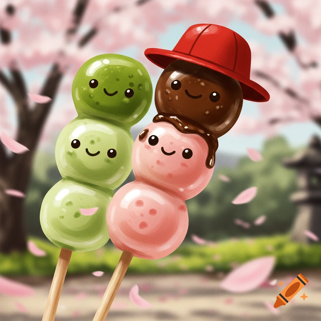 Cute cartoon dango skewers with smiling faces, one wearing a red hat, in a cherry blossom garden.