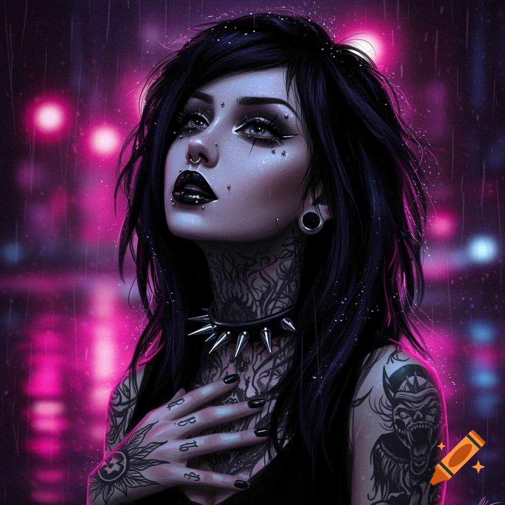 A stylized digital art portrait of a black-haired emo girl with piercings, tattoos, and a spiked collar, looking up in the rain against a neon pink and purple background.