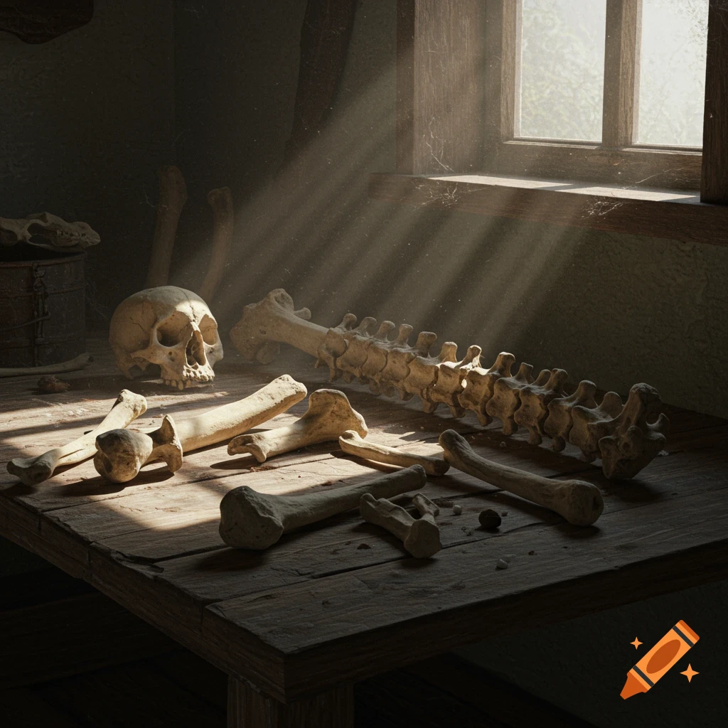 Photorealistic still life of a human skull, spine, and various bones on a dusty wooden table, lit by sunbeams.