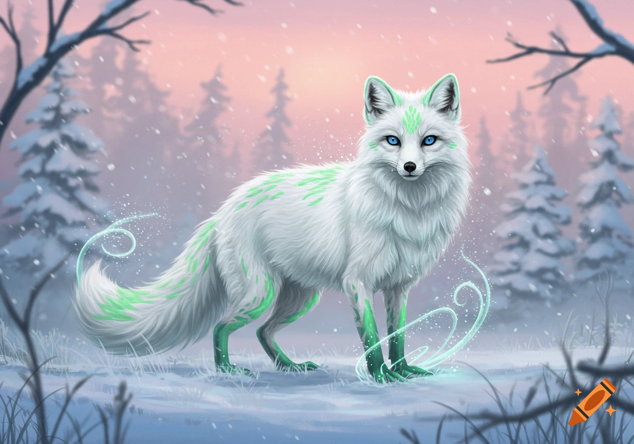 A white fox with blue eyes and glowing green markings stands in a snowy forest with falling snow and a pink sky.