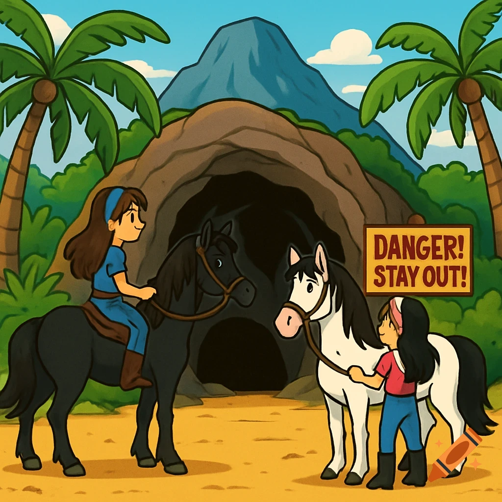 A cartoon of two girls with horses in front of a cave with a 'DANGER! STAY OUT!' sign, palm trees, and a mountain.