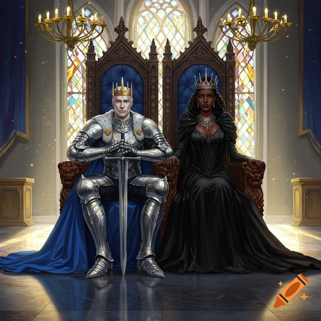 A white king in silver armor and a black queen in a dark gown sit on ornate thrones in a grand hall with stained glass windows.