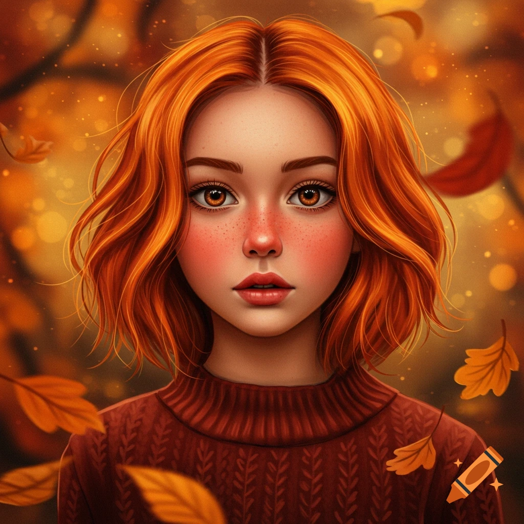 A stylized portrait of a girl with red hair and freckles, wearing a sweater, surrounded by warm autumn leaves and bokeh lights.