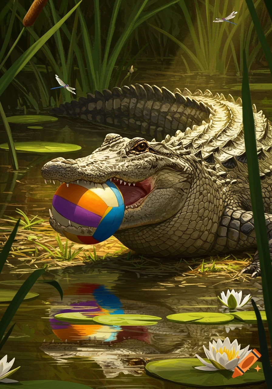 A detailed illustration of an alligator in a swamp, holding a colorful volleyball in its open mouth. Lily pads and reeds are visible.