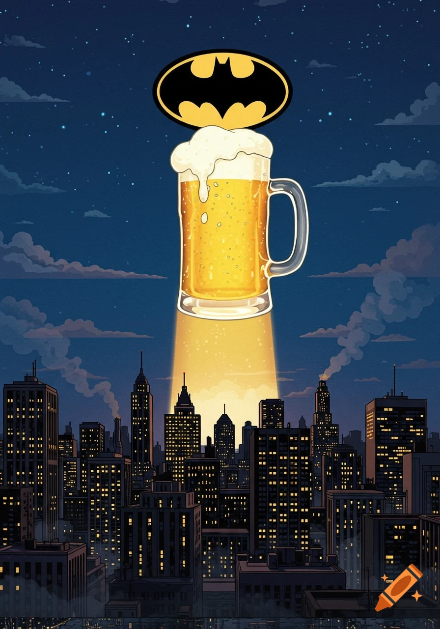 A cartoon image of a giant beer mug Bat-signal shining a golden light over a dark city skyline with the Batman logo above it.