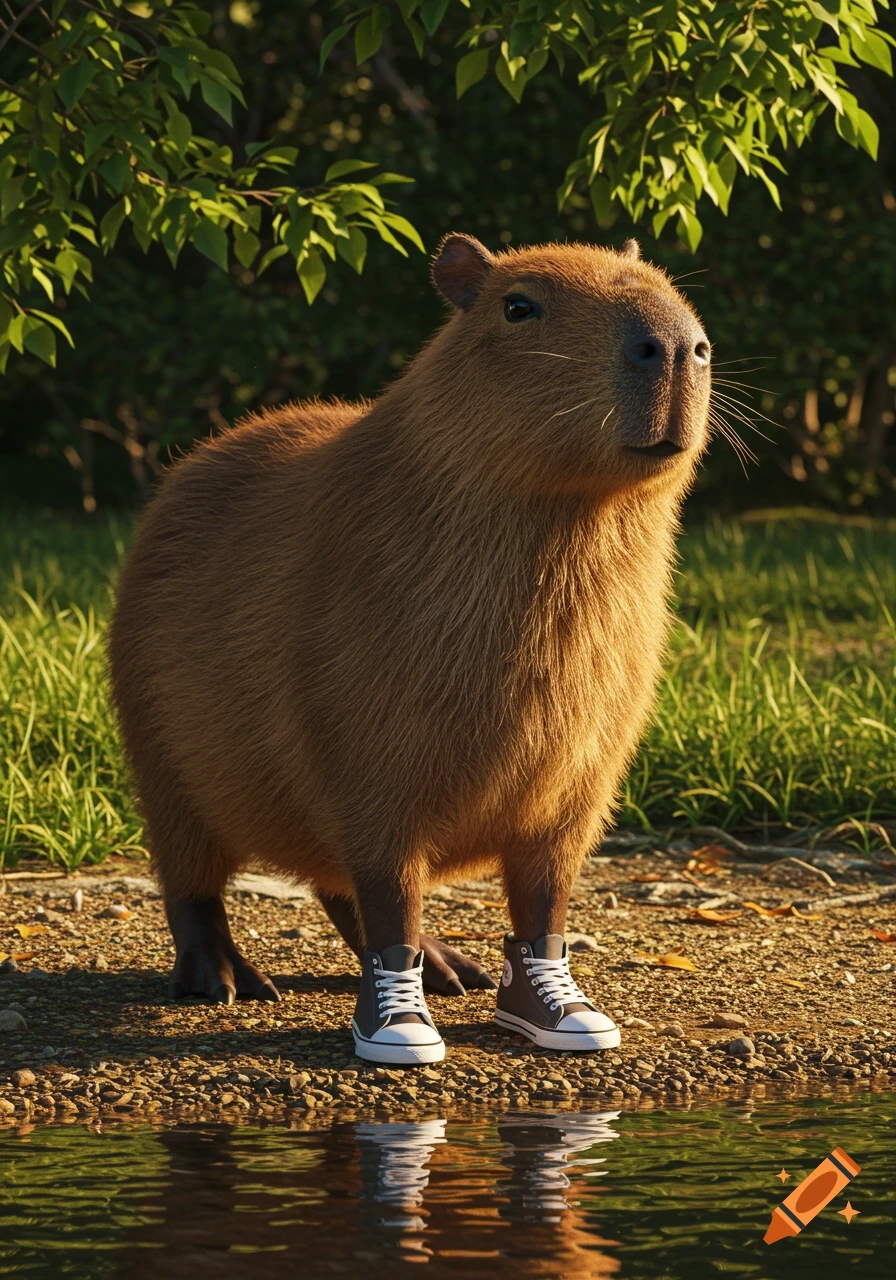 A photorealistic capybara stands by a reflective pool of water, wearing black and white high-top sneakers, with green foliage in the background.