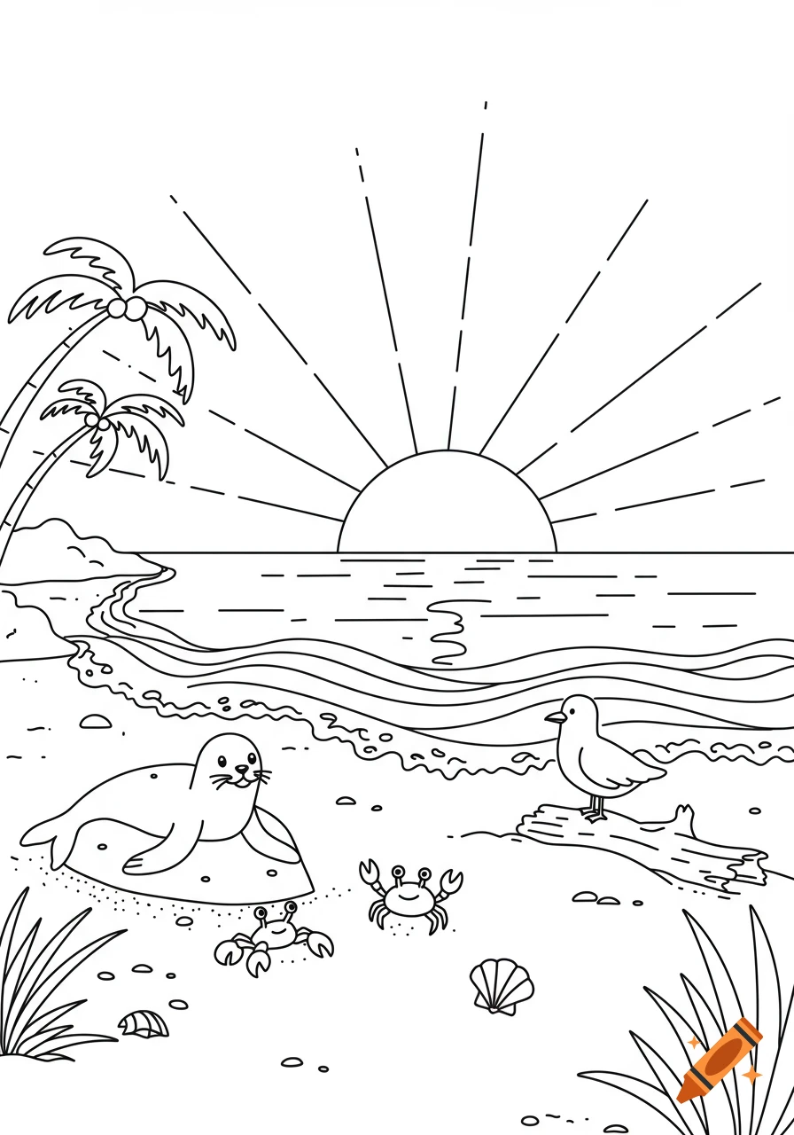 Simple black and white line art of a beach scene with a seal, crabs, a bird, palm trees, and the ocean at sunrise. Coloring page style.