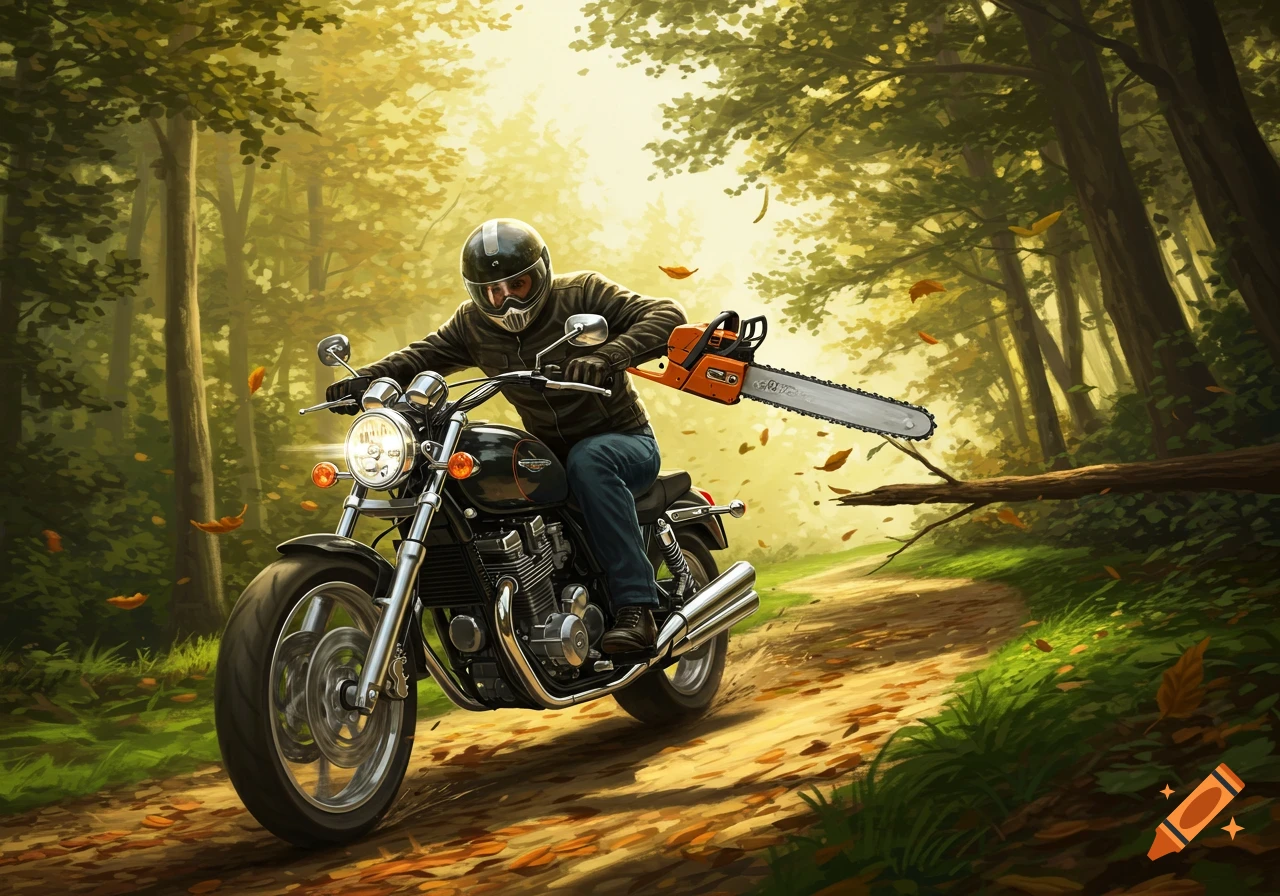 A person on a motorcycle rides through a forest path, holding a chainsaw to cut a fallen tree branch.