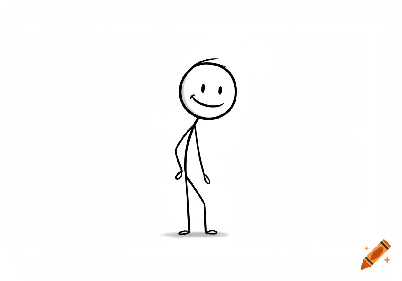 A smiling black stick figure slightly bent at the waist, isolated on a white background.