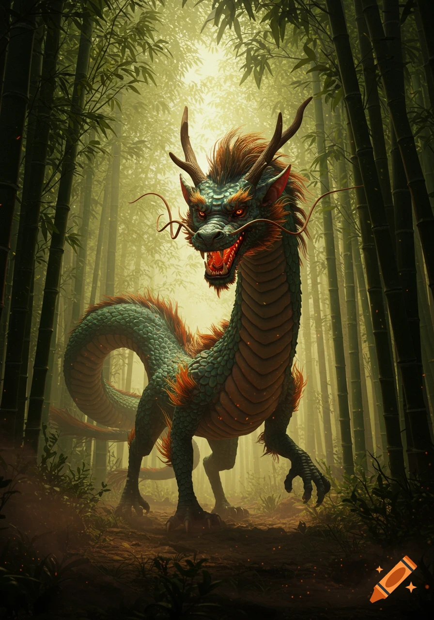 A majestic green and orange Chinese style dragon with red eyes stands in a vibrant, sunlit bamboo forest.