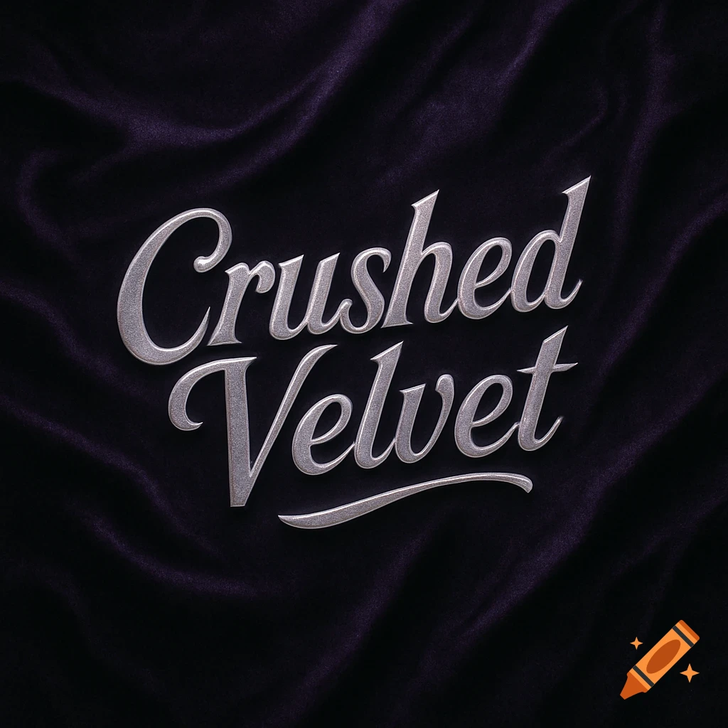 Silver textured 'Crushed Velvet' text on a dark purple velvet background.