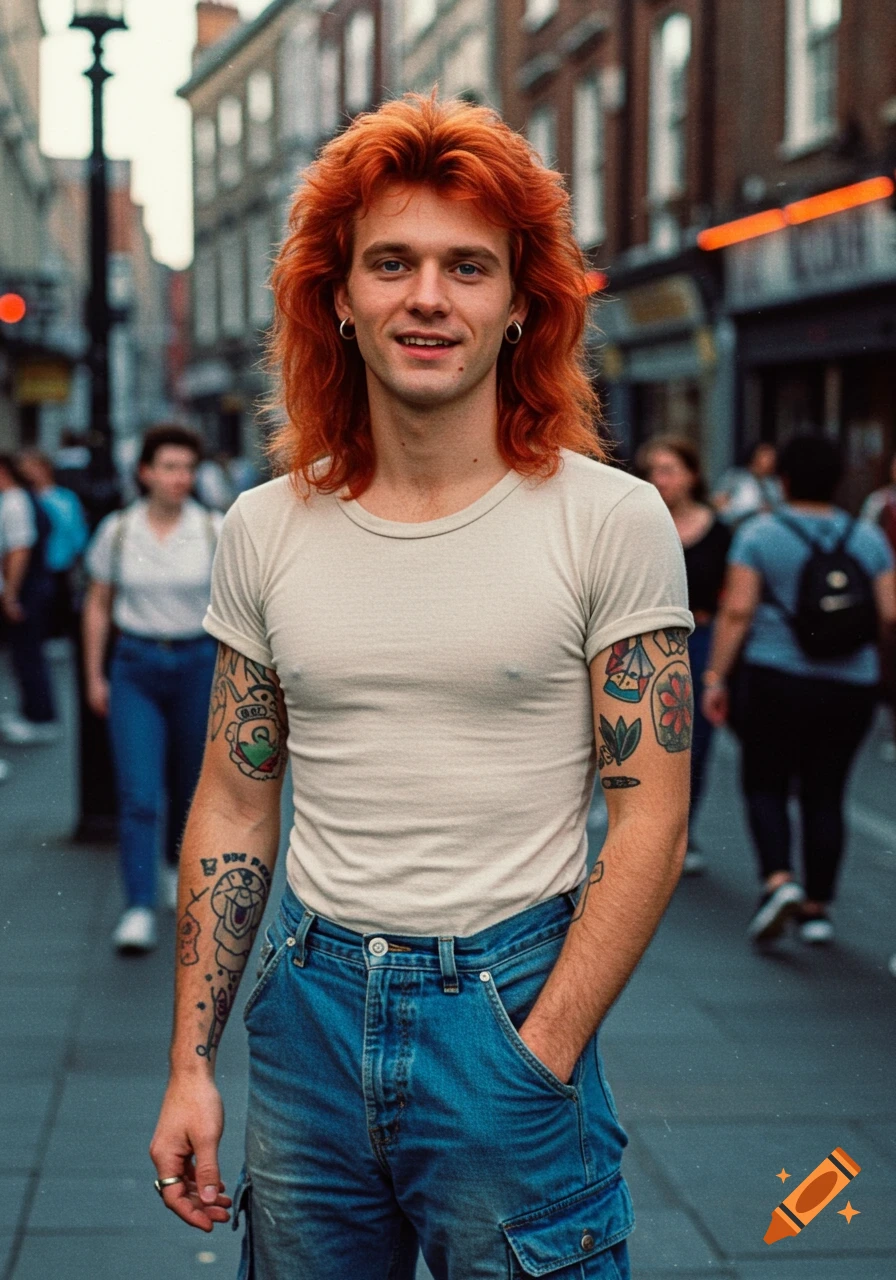 A smiling man with bright red shaggy hair and tattoos on his arms, wearing a beige t-shirt and faded blue cargo jeans, stands on a city street.
