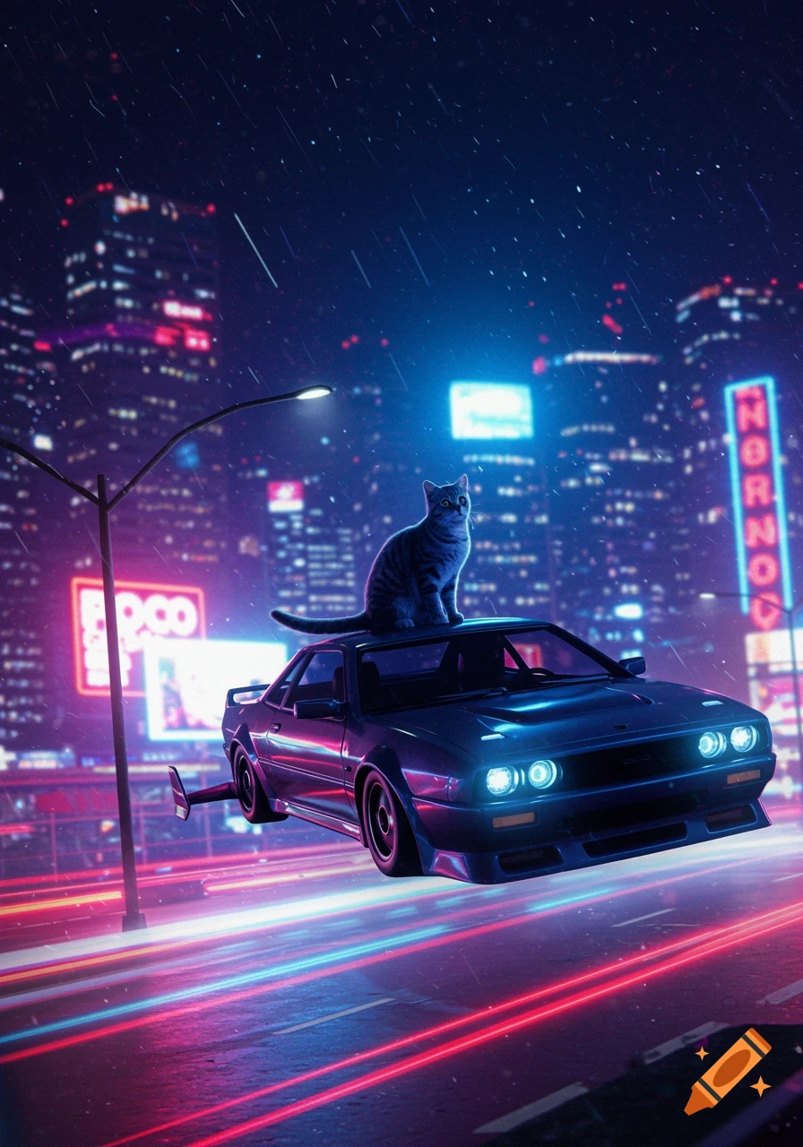 A grey cat on a flying car in a neon-lit, rainy synthwave city at night.