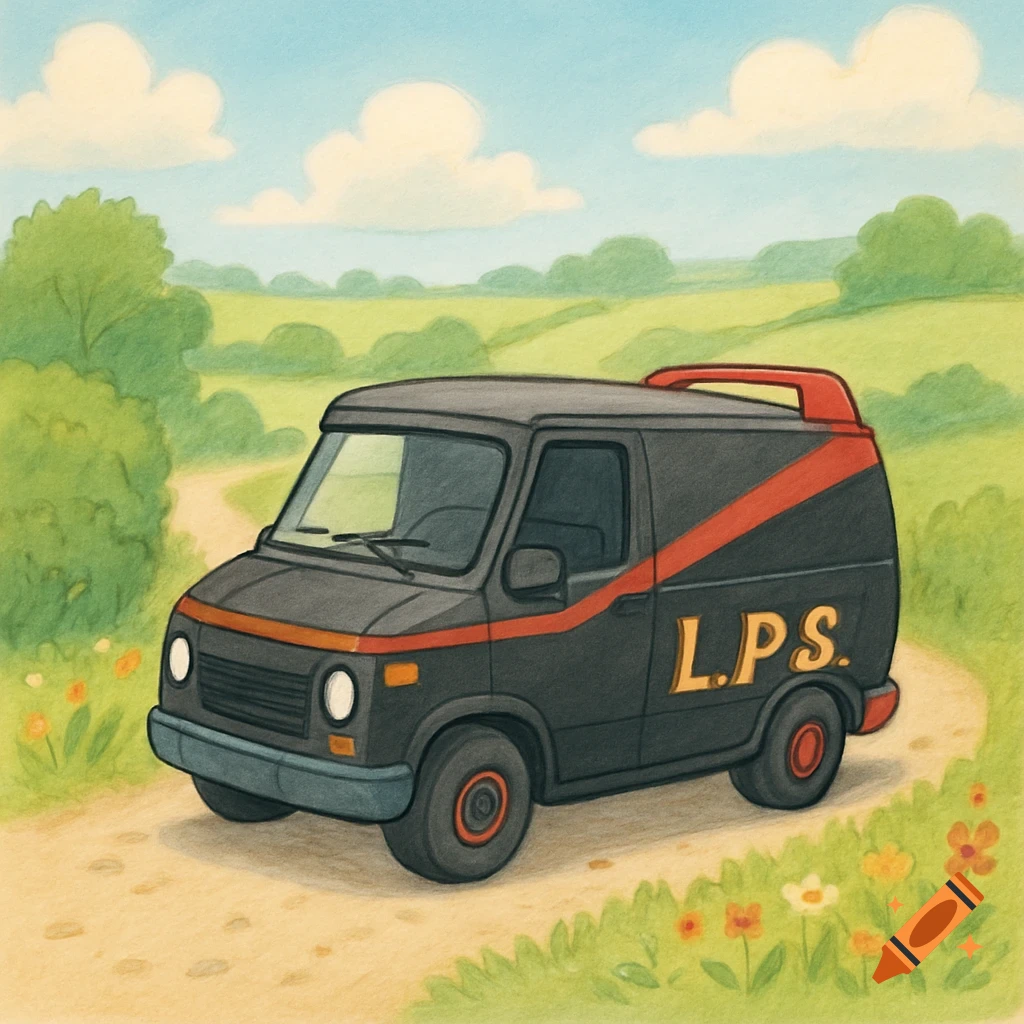 A cartoon drawing of a black van with a red stripe and L.P.S. on its side, driving on a dirt country lane.