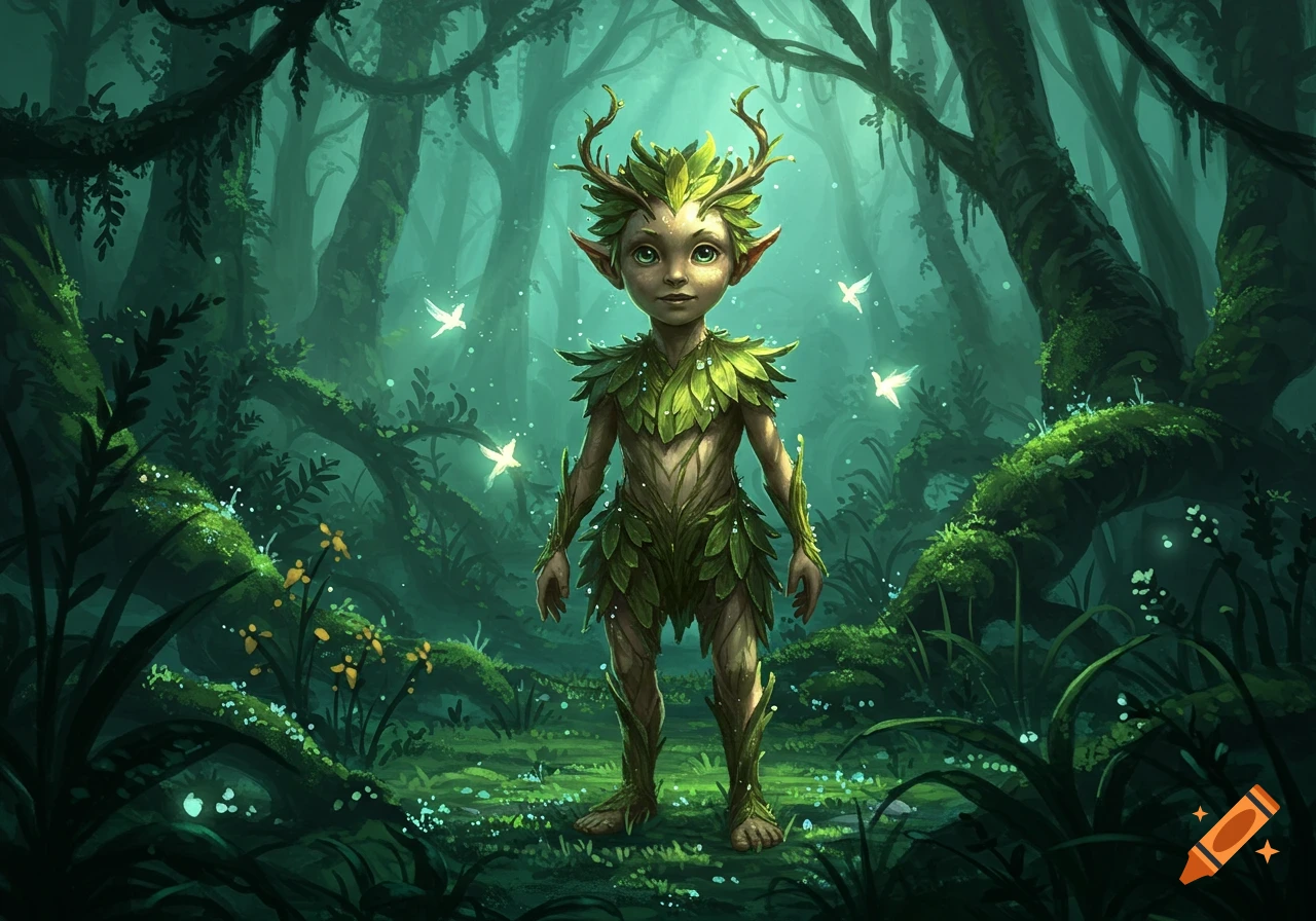 A small, child-like forest creature with leaf clothing and antlers stands in a dark, enchanting forest with glowing spirits.