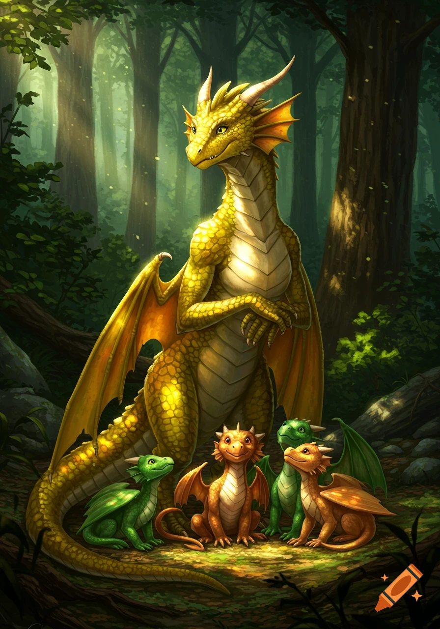 A large yellow dragon stands protectively over four colorful baby dragons in a sunlit, green forest. Digital art.