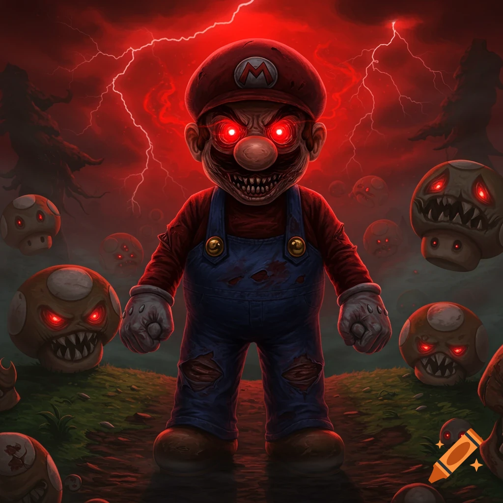 A scary, evil version of Mario with glowing red eyes and sharp teeth stands amidst monstrous mushroom creatures under a red, stormy sky.