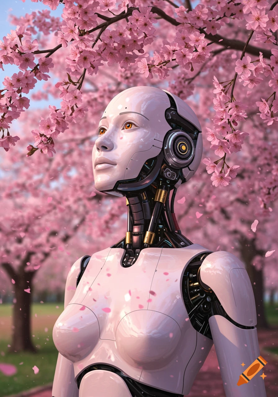 A photorealistic depiction of a humanoid robot standing among vibrant pink cherry blossoms, looking upwards.