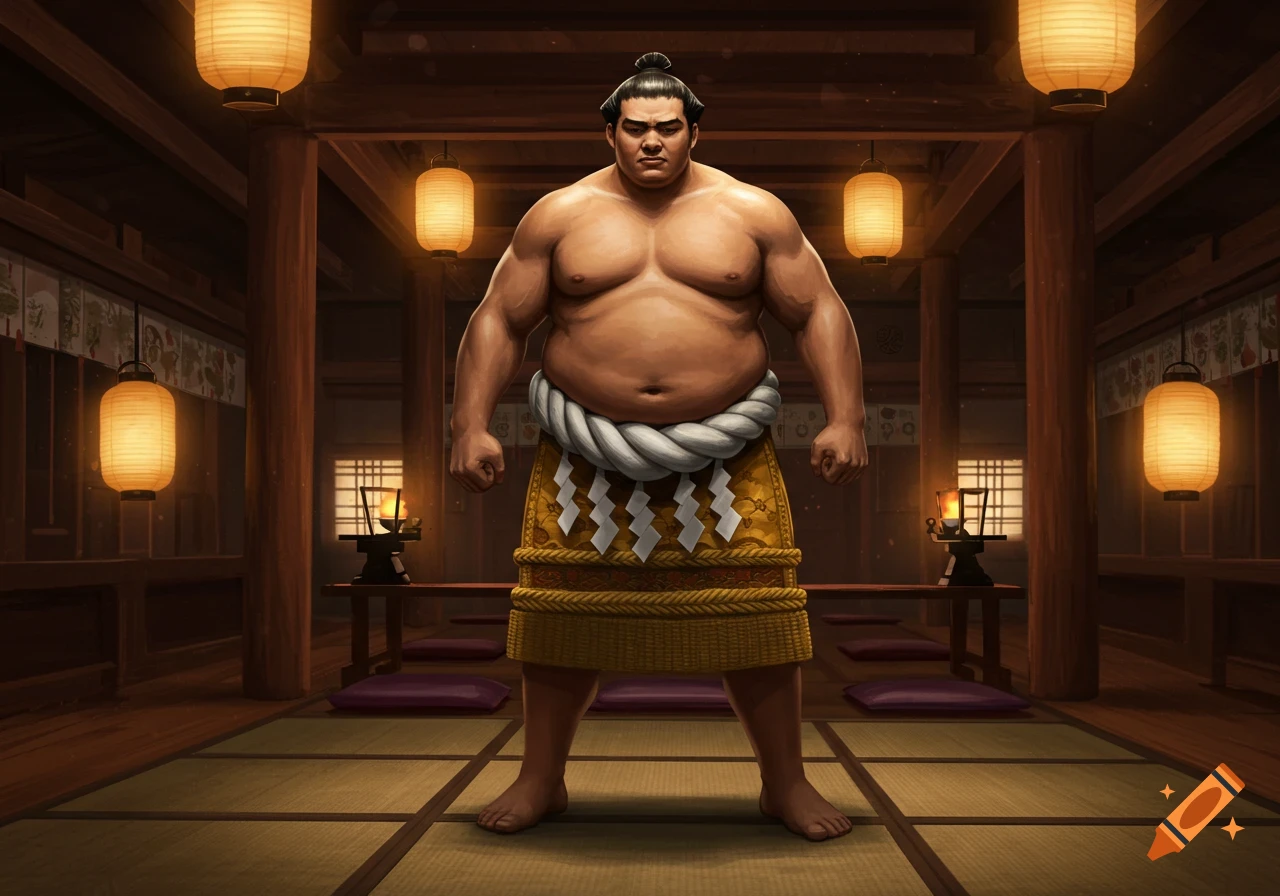 A large sumo wrestler stands in a traditional Japanese room with lanterns.