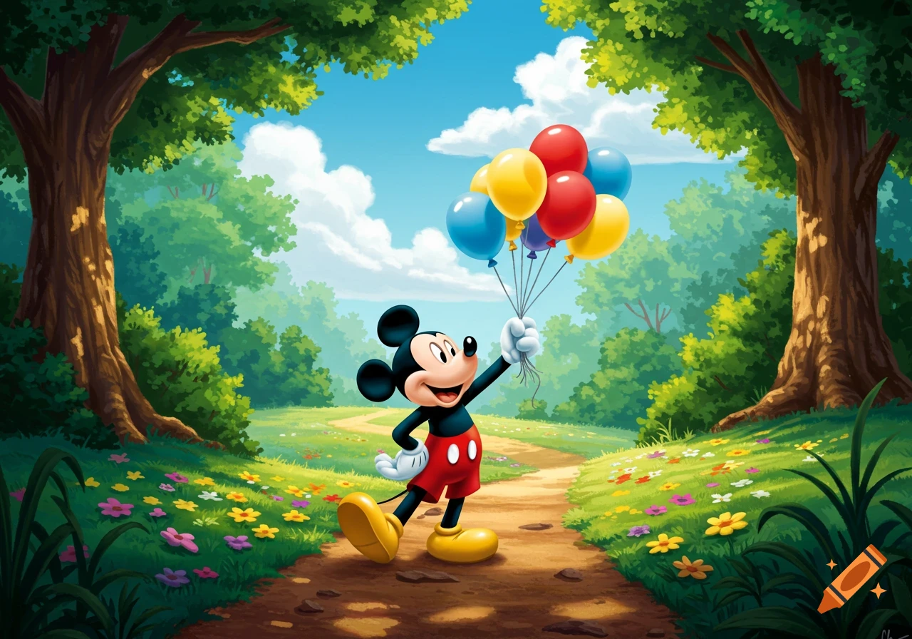 A cartoon illustration of Mickey Mouse standing on a forest path, holding colorful balloons amidst green trees and flowers under a blue sky.