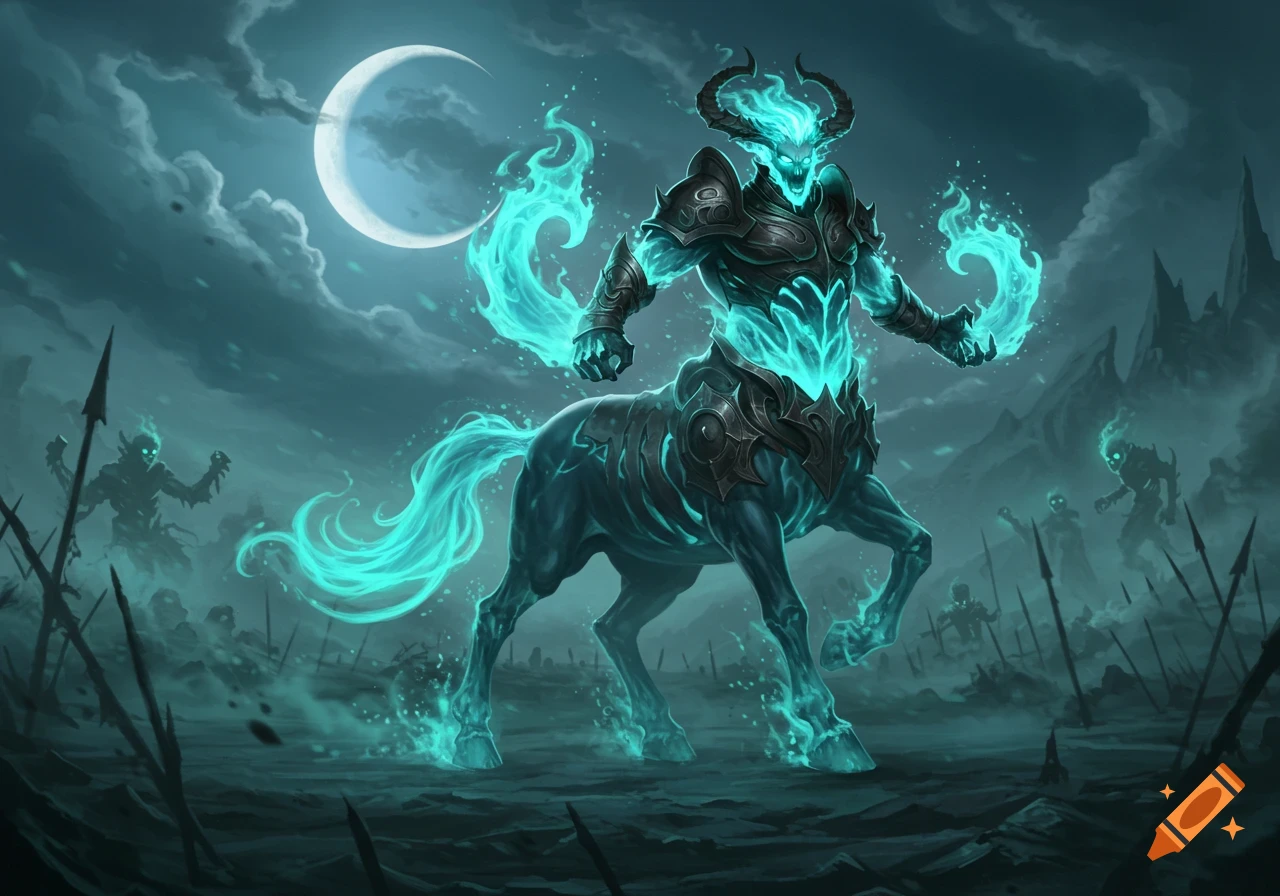 A powerful glowing blue centaur demon with horns stands on a dark, misty battlefield under a crescent moon, surrounded by ghostly figures.