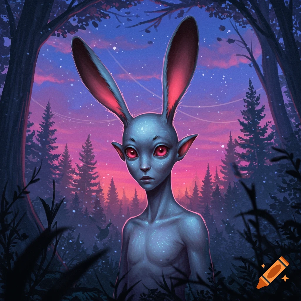 A human-like creature with long bunny ears and glowing red eyes stands in a dark, stylized forest under a starry, twilight sky.