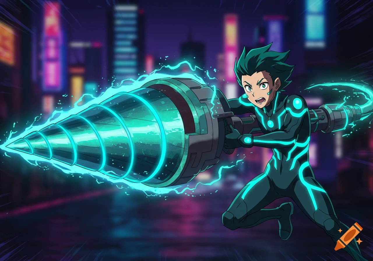 An anime character in a black suit with glowing teal lines wields a large, glowing teal drill against a blurred neon city background.