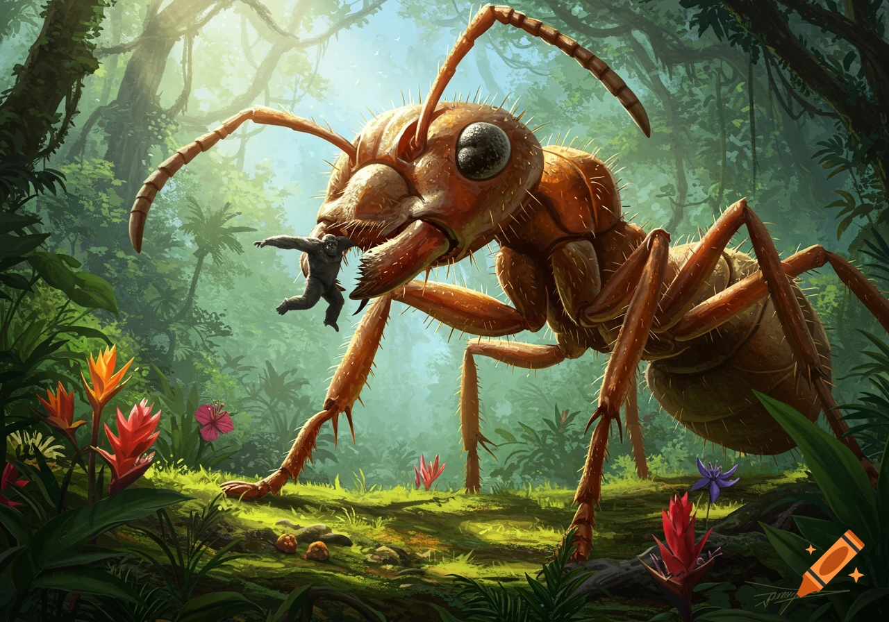 A gigantic brown ant holds a tiny black King Kong in its mandibles in a lush, sunlit jungle.