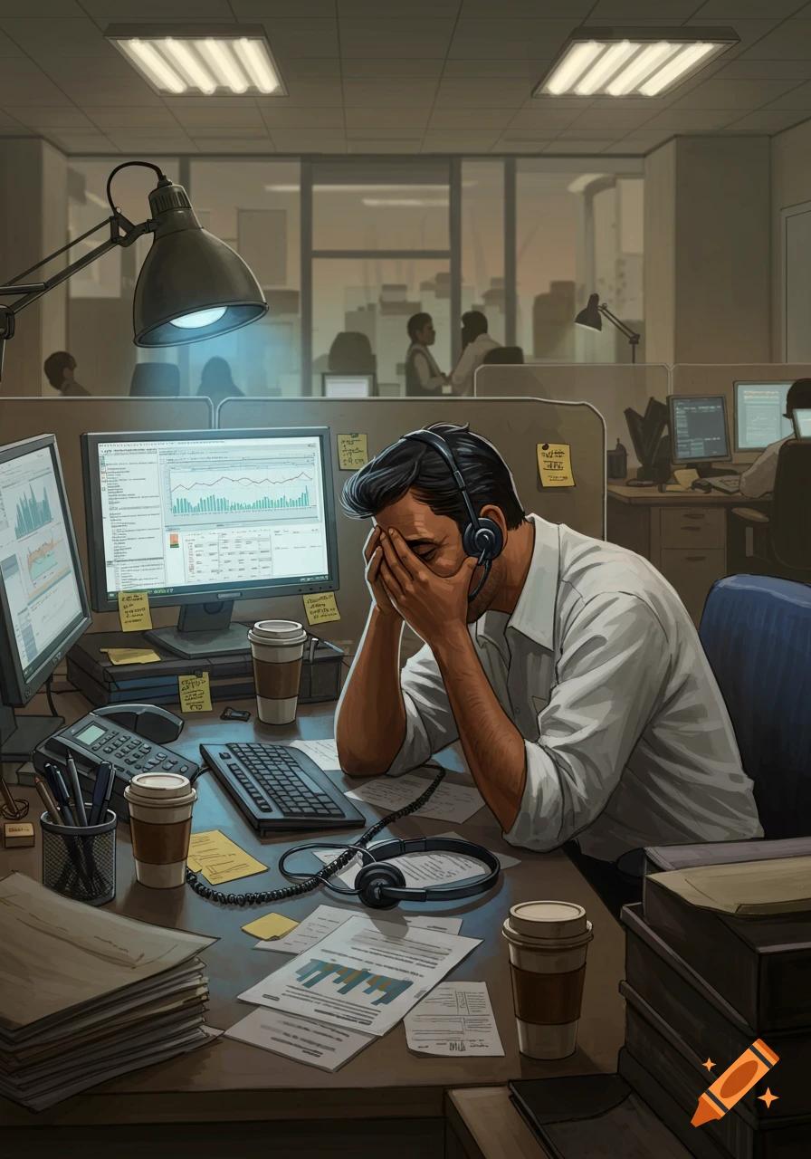 An exasperated man with a headset holds his face in his hands at a desk in a busy office, surrounded by monitors and papers.
