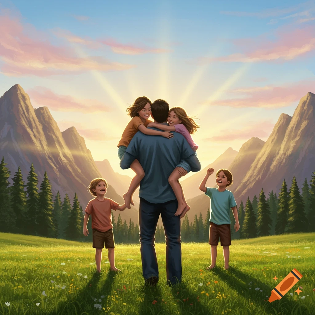 A father carries two daughters on his back while two sons stand nearby in a grassy mountain meadow at sunrise.