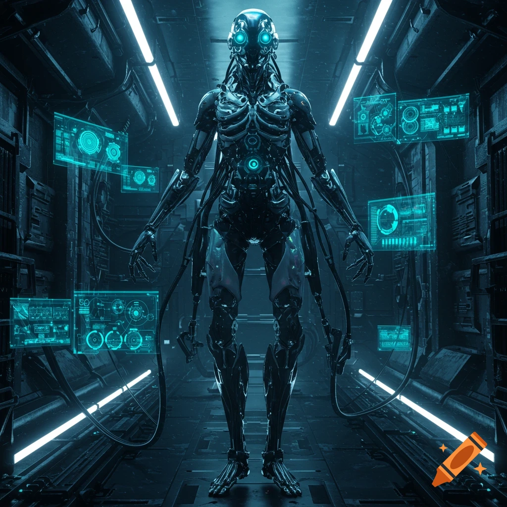 A detailed metallic cyborg with glowing blue eyes and cybernetic enhancements stands in a futuristic corridor with holographic displays.