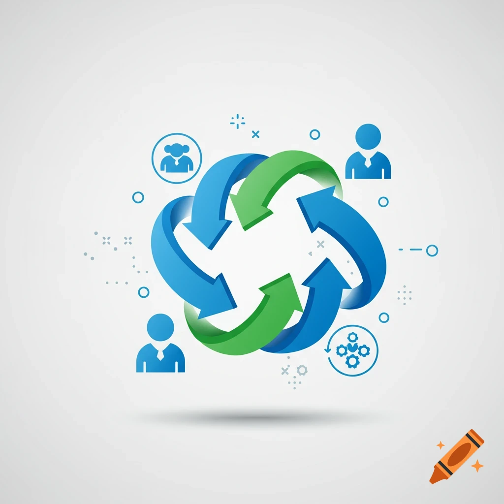 An abstract illustration of a blue and green circular arrow loop surrounded by business icons on a light background.