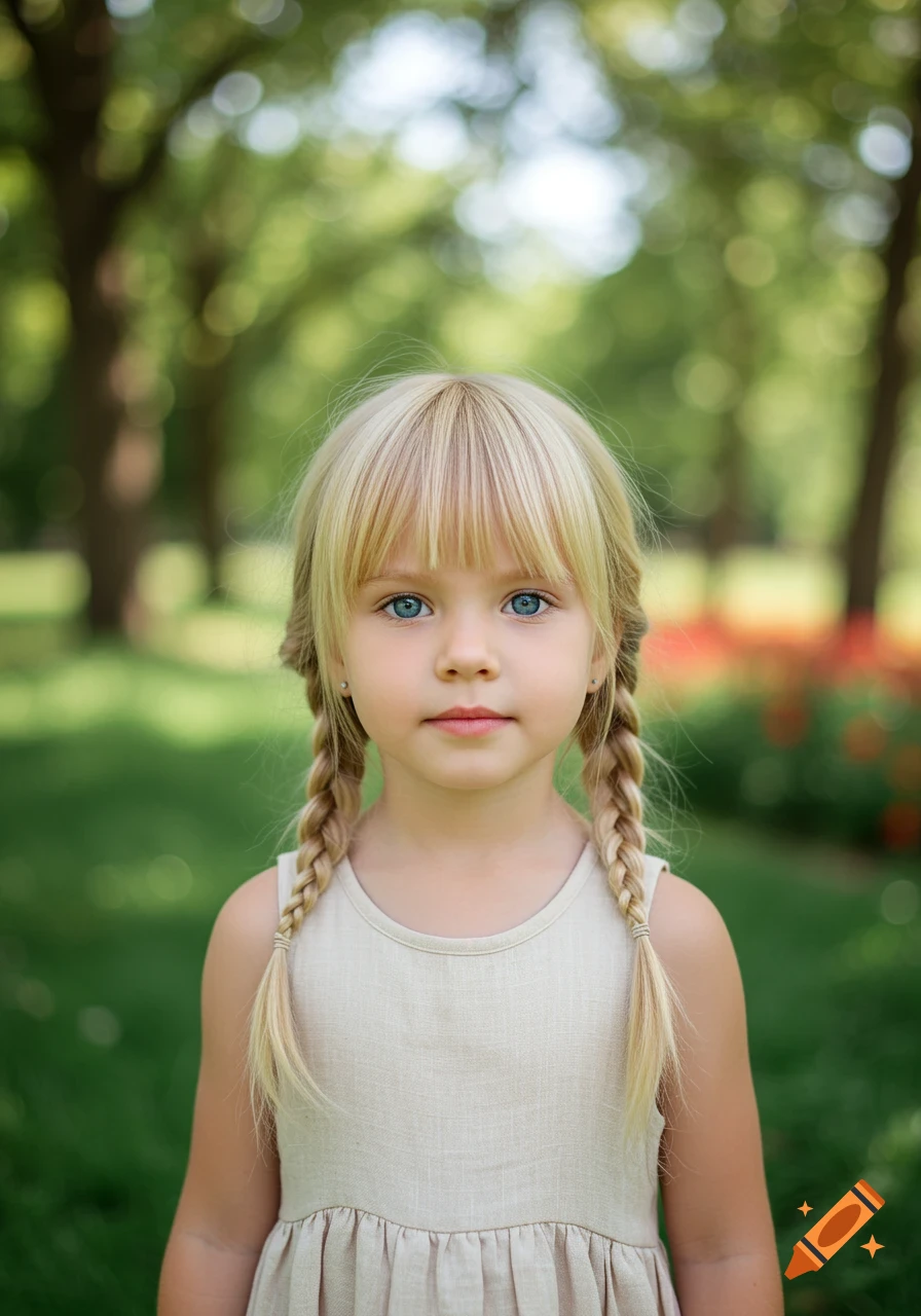 Photorealistic portrait of a young girl with blonde hair, blue eyes, bangs, and braids, standing in a green park.
