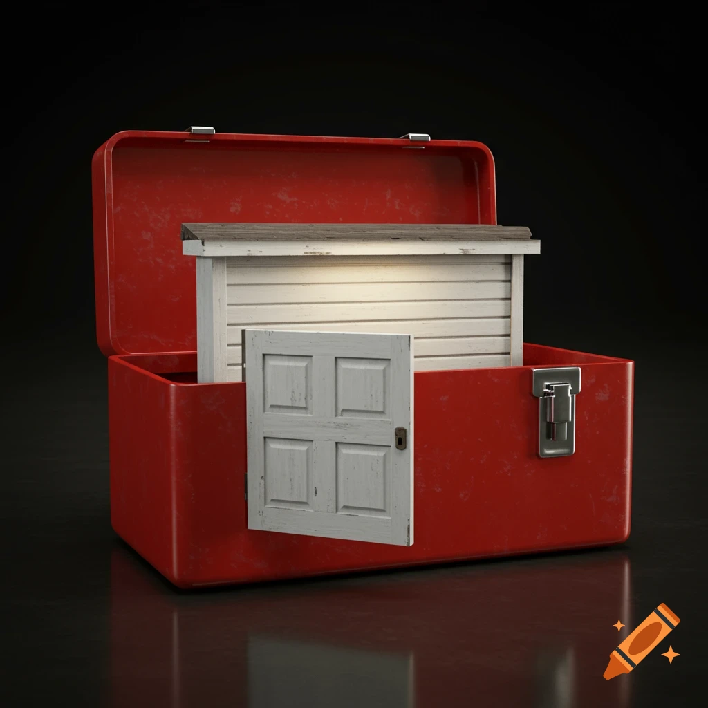 A white miniature garage structure with an open door stands inside an open red toolbox on a dark surface, photorealistic.