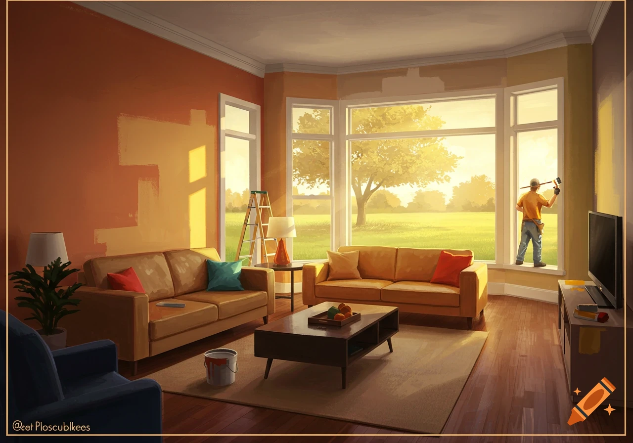 A sunlit living room with orange walls partially painted yellow, with couches, and a person painting by large windows.