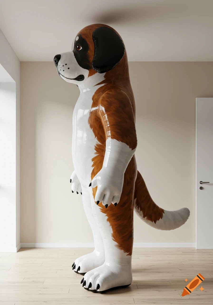A giant anthropomorphic inflatable Saint Bernard dog with glossy brown and white fur, black paws, and floppy ears stands in a minimalist room.