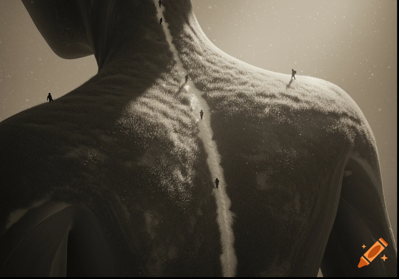 Sepia-toned surreal landscape where tiny figures hike up the grass-covered back and shoulders of a giant, human-like form.