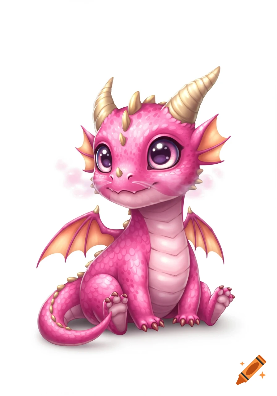 A cute, cartoon-style baby dragon with pink scales, large purple eyes, small golden horns, and tiny wings, sitting on a white background.