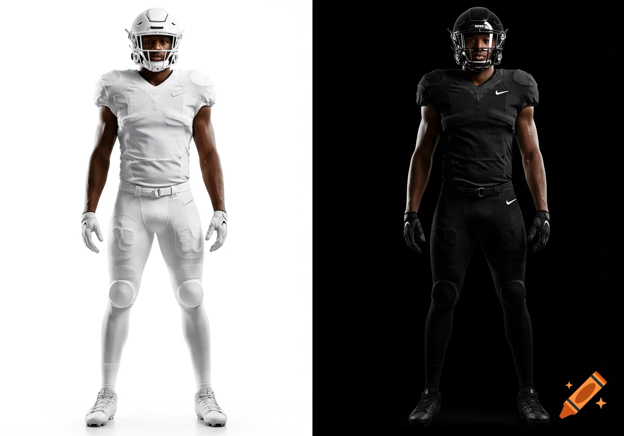 Two photorealistic football players, one in white uniform on white background, one in black on black background.