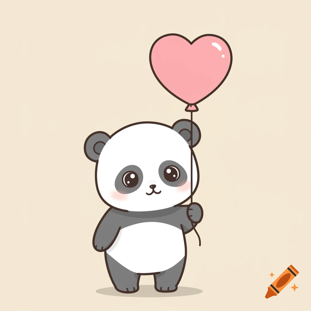 Cute cartoon panda holding a pink heart balloon on a plain beige background, in a simple clip art style.
